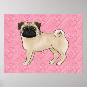 Fawn Pug Dog Cartoon Mops Love Heart Pattern Pink Poster