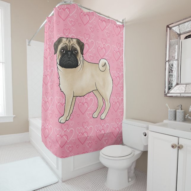 Fawn Pug Dog Cartoon Mops Pink Love Heart Pattern (In Situ)