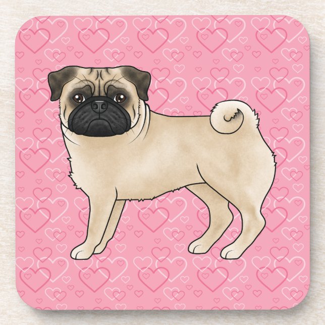 Fawn Pug Dog Cartoon Mops Pink Love Heart Pattern Coaster (Front)