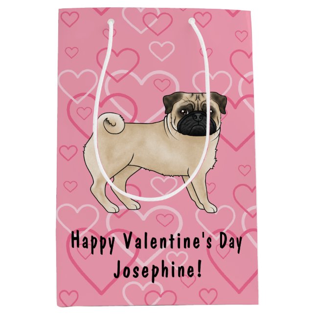 Fawn Pug Dog Cartoon Mops Pink Love Heart Pattern Medium Gift Bag (Front)