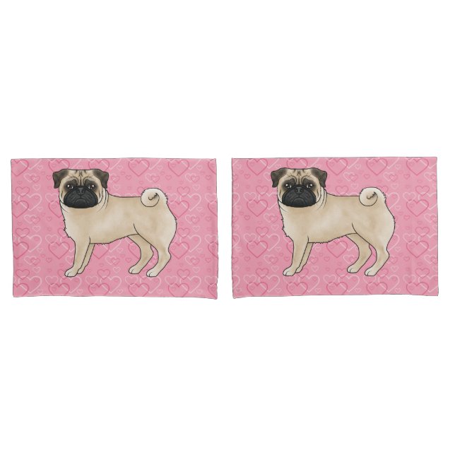 Fawn Pug Dog Cartoon Mops Pink Love Heart Pattern Pillowcase (Front-Set)
