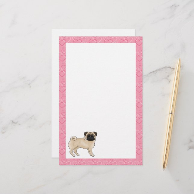 Fawn Pug Dog Cartoon Mops Pink Love Heart Pattern Stationery (Front/Back In Situ)