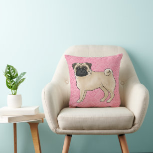 Fawn Pug Dog Cartoon Mops Pink Love Heart Pattern Throw Pillow