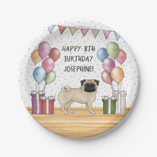 Fawn Pug Dog Colourful Pastels Happy Birthday Paper Plate