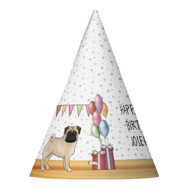 Fawn Pug Dog Colourful Pastels Happy Birthday Party Hat (Left)