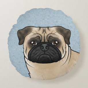 Fawn Pug Dog Cute Cartoon Dog Head Close-Up Blue Round Pillow
