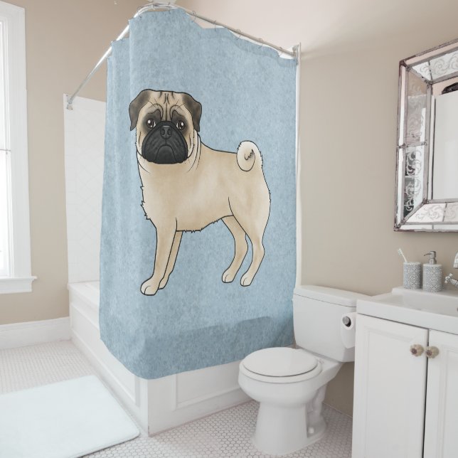 Fawn Pug Dog Cute Cartoon Mops Illustration Blue (In Situ)