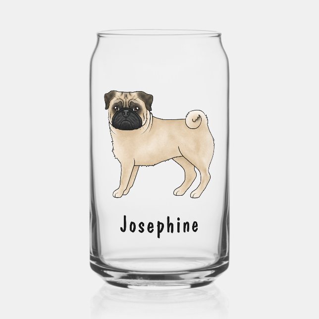 Fawn Pug Dog Cute Cartoon Mops With Custom Name Can Glass (Front)