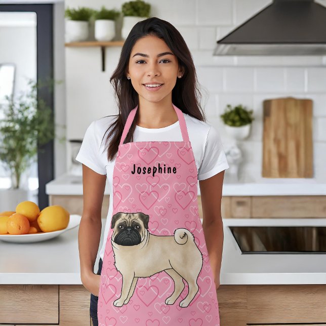 Fawn Pug Dog Cute Mops And Pink Hearts With Name Apron (Disclaimer: This image is a digital mockup thus items may not be in scale.)
