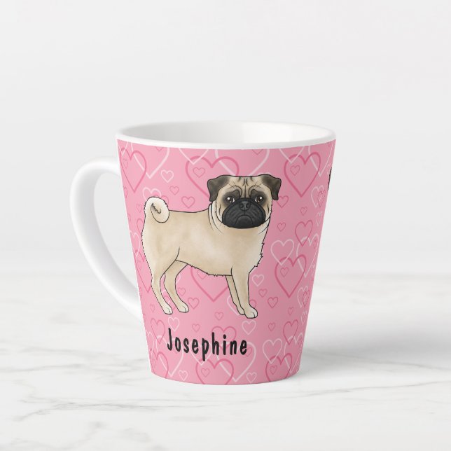 Fawn Pug Dog Cute Mops And Pink Hearts With Name Latte Mug (Left Angle)