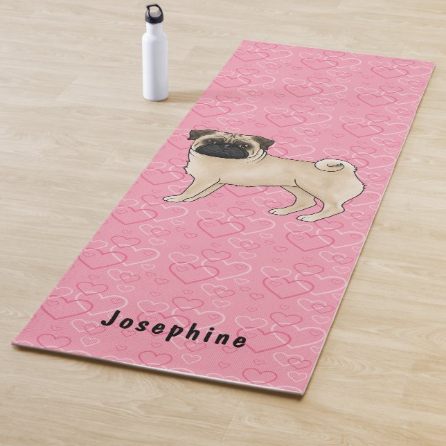 Fawn Pug Dog Cute Mops And Pink Hearts With Name Yoga Mat (In Situ)