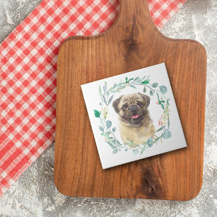 Fawn Pug Dog Green Wreath Ceramic Tile
