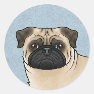 Fawn Pug Dog Head Close-Up Cartoon Illustration Classic Round Sticker