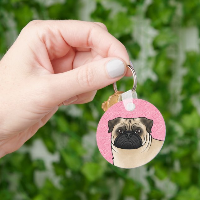 Fawn Pug Dog Head Close-Up On Pink Love Hearts Keychain (Hand)