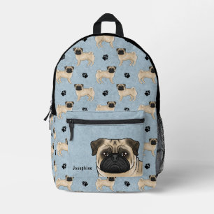 Fawn Pug Dog Mops Design Pattern With Name Blue Printed Backpack
