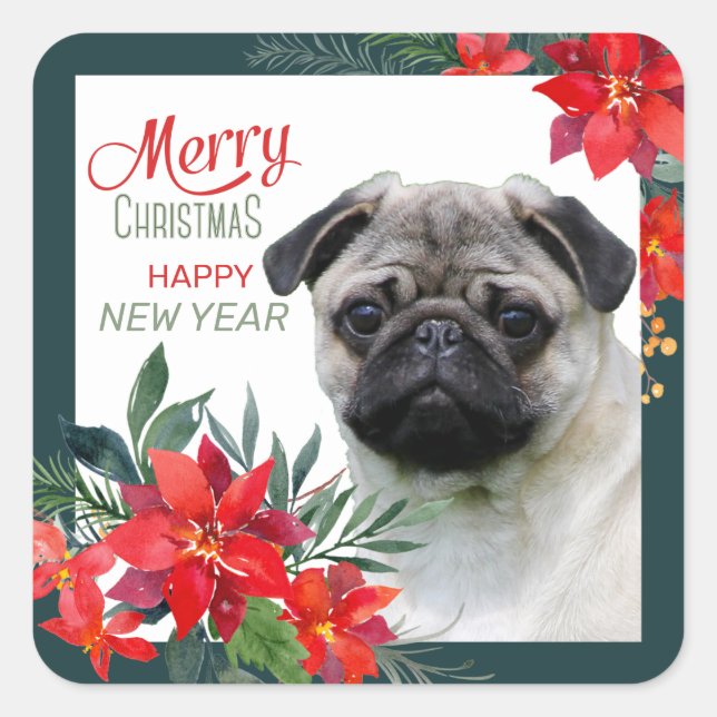 Fawn Pug Dog Poinsettia Bouquet Christmas Square Sticker (Front)