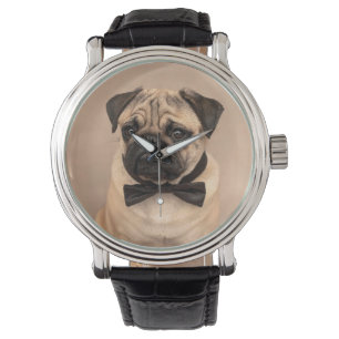 Fawn Pug Dog with Bow Tie. Retro Stylish Clock Watch