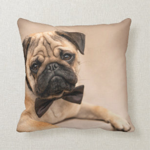 Fawn Pug Dog with Bow Tie Throw Pillow
