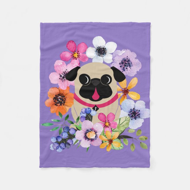 Fawn Pug in Spring Flowers Fleece Blanket (Front)