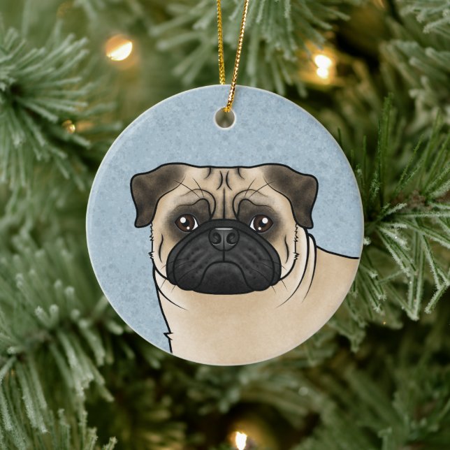 Fawn Pug Mops Dog Breed Design Cute Dog Head Blue Ceramic Ornament (Tree)