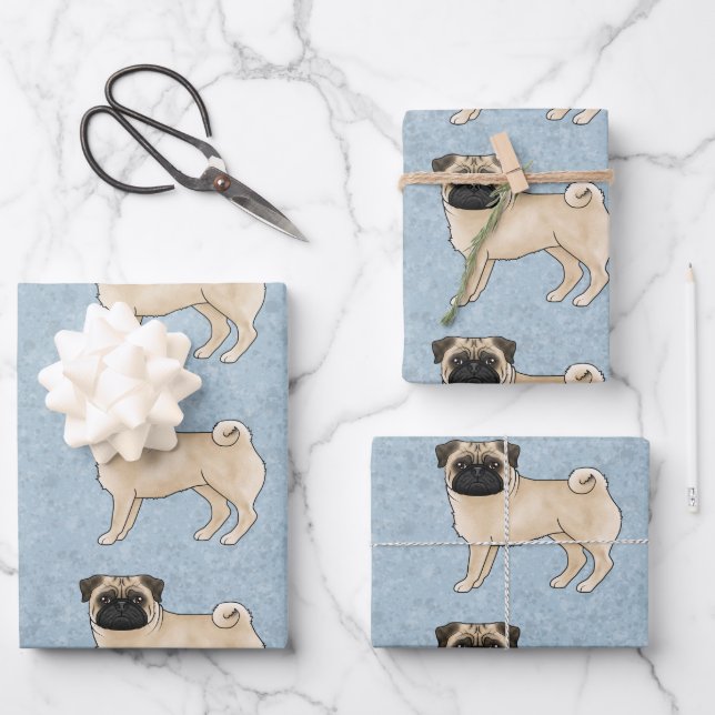 Fawn Pug Mops Dog Breed Design Pattern On Blue Wrapping Paper Sheet (Front)