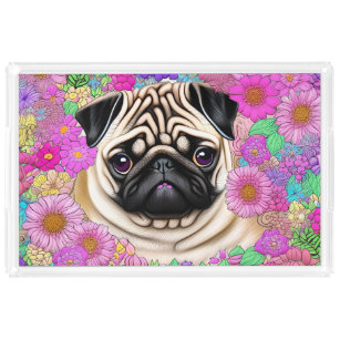 Fawn Pug Surrounded By Flowers  Acrylic Tray