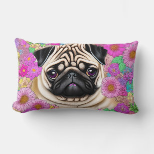 Fawn Pug Surrounded By Flowers Lumbar Pillow