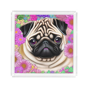 Fawn Pug Surrounded By Flowers Square Acrylic Tray