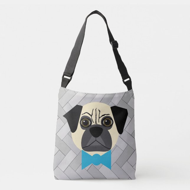Fawn Pug with bowtie, Herringbone grey  Crossbody Bag (Front)