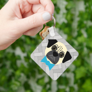 Fawn Pug with bowtie, Herringbone grey Keychain