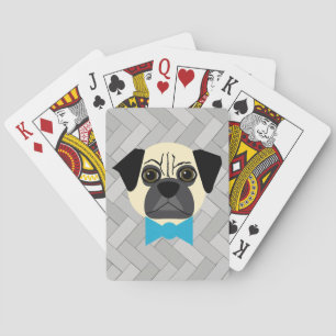 Fawn Pug with bowtie, Herringbone grey Playing Cards