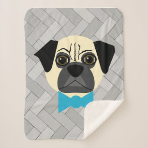 Fawn Pug with bowtie, Herringbone grey  Sherpa Blanket