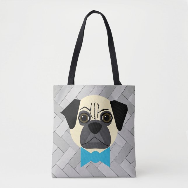 Fawn Pug with Bowtie, Herringbone grey Tote Bag (Front)
