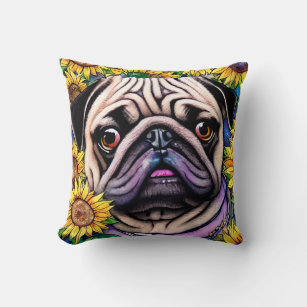 Fawn Pug With Sunflowers Throw Pillow