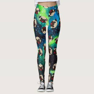 Fawn Pugs on Blue Green Cosmic Background Leggings