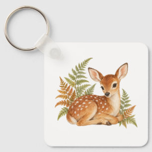 Fawn Resting Among Ferns Keychain