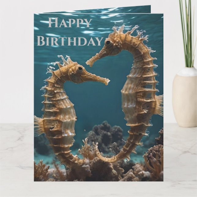 Fawn Romantic Seahorses Under The Ocean, Birthday Card (Front)