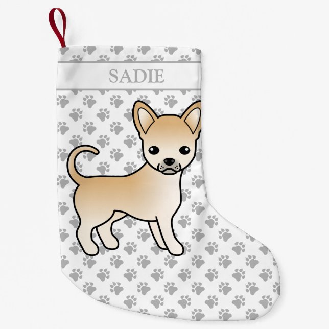 Fawn Smooth Coat Chihuahua Cartoon Dog & Name Small Christmas Stocking (Front)