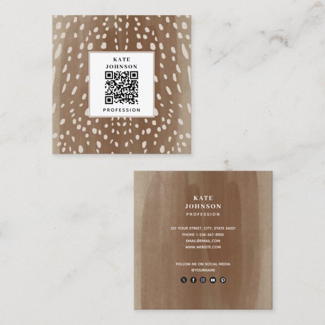 Fawn Spots Baby Deer Animal Print QR Code Square Business Card (Front/Back)