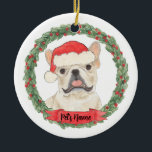 Fawn Tan Cream Frenchie French Bulldog Christmas Ceramic Ornament<br><div class="desc">Make the nice list this year with a personalized Christmas ornament of your sweet fawn tan cream frenchie french bulldog elf in a santa hat and red and green holly wreath! For the sweetest gifts,  pair it with a matching art print or another item from my collection!</div>