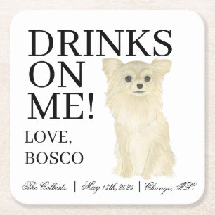 Fawn Tan Long Haired Chihuahua Wedding Square Paper Coaster
