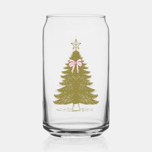 Faye and Lauren Christmas Tree with Pink Ribbon Can Glass (Front)