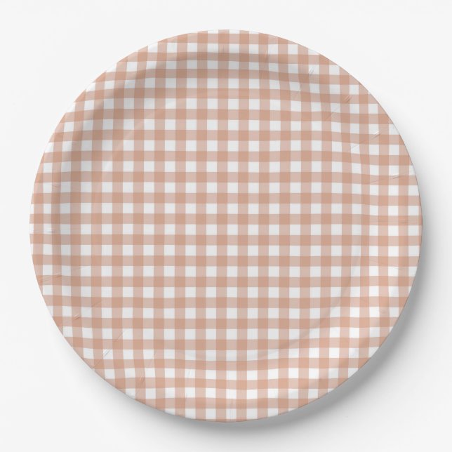 Faye and Lauren Fall Light Brown Gingham Paper Plate (Front)
