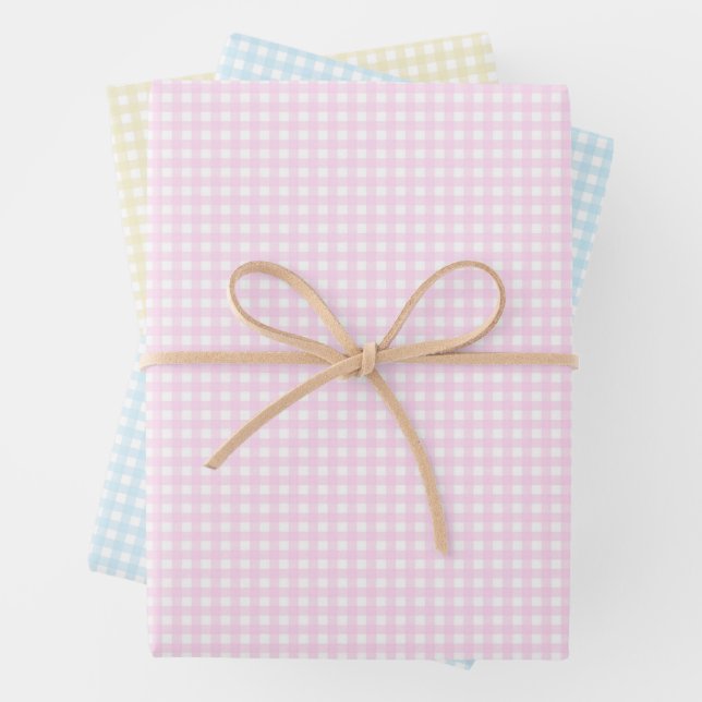 Faye and Lauren Pastel Gingham in 3 Bright Colours Wrapping Paper Sheet (In situ)