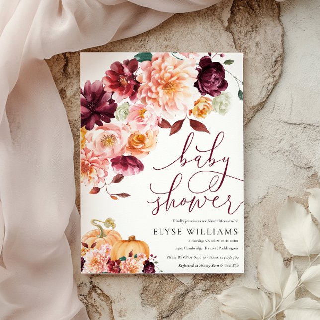Faye Burgundy Floral Autumn Baby Shower Invitation (Creator Uploaded)