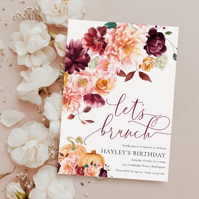 Faye Burgundy Floral Autumn Let's Brunch Invitation (Creator Uploaded)
