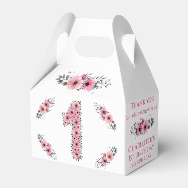 FBig 1st Birthday Girl Green Foliage Pink Flowers Favor Box (Front Side)