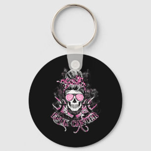 Fck Cancer Skull Messy Bun Pink Breast Cancer Awar Keychain