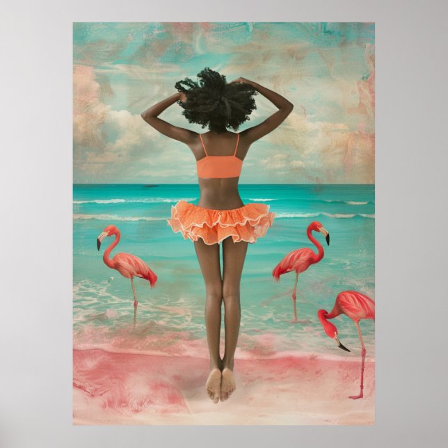 *~* FD2 Tropical Black Woman Pink Flamingo 36 Poster (Front)