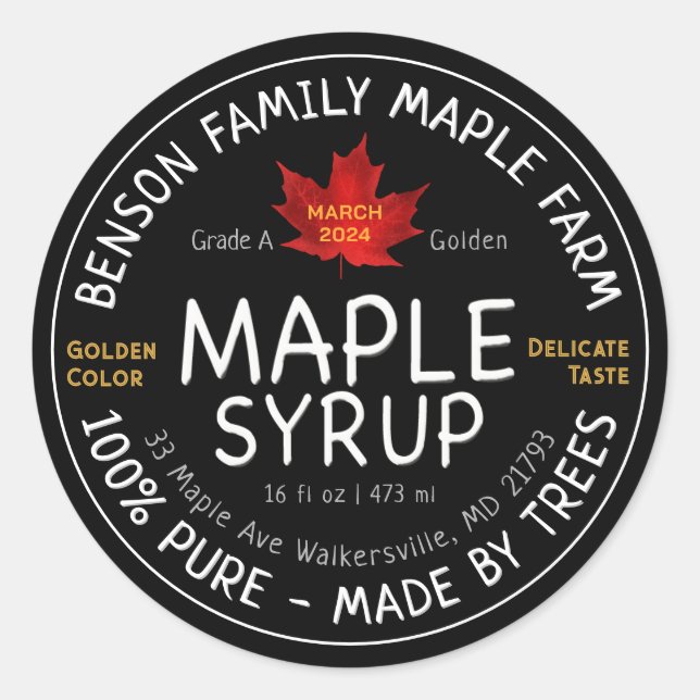 FDA Compliant Maple Syrup - MADE BY TREES Red Leaf Classic Round Sticker (Front)